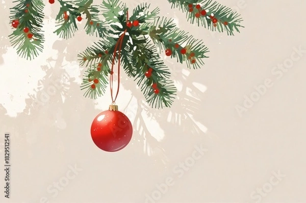 Fototapeta Minimal Christmas still life with evergreen branch and red ornament  