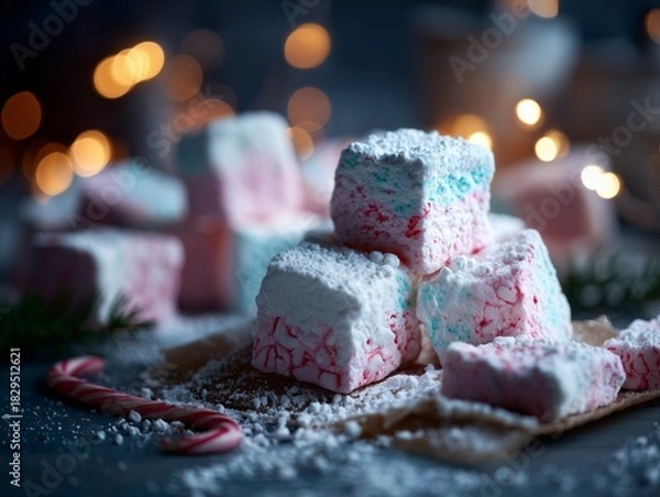 Fototapeta Colorful marshmallows dusted with sugar, set against a backdrop of warm, festive Christmas lights, evoke a cozy holiday atmosphere.