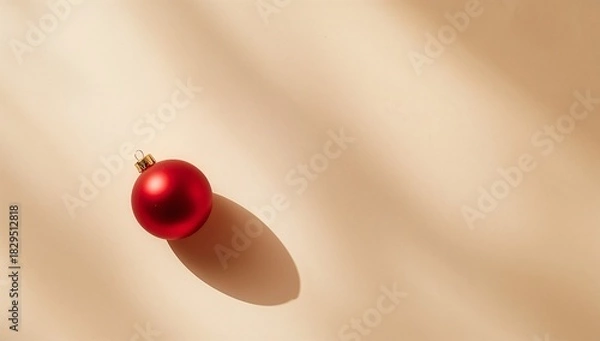 Fototapeta Minimal Christmas still life with red ornament on beige background, with copy space