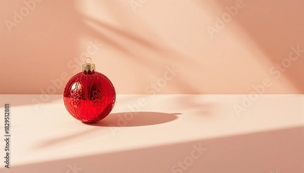 Fototapeta Minimal Christmas still life with red ornament on soft pink background  
