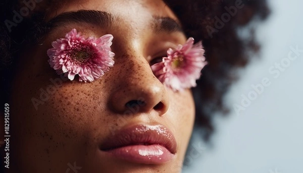 Fototapeta A close-up artistic portrait featuring flowers placed over eyes, blending nature with human expression for a unique visual.