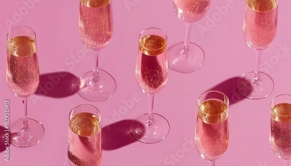 Fototapeta Elegant champagne flutes filled with bubbly pink sparkling wine against a vibrant pink background, creating a festive atmosphere.