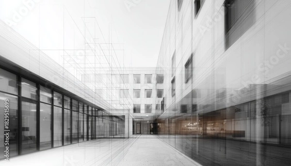 Fototapeta Futuristic architectural structure showcasing geometric lines and minimalistic design, highlighting modern construction and innovative urban planning.