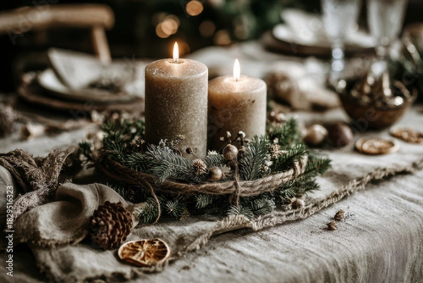 Obraz Second Advent Sunday – Two Candles Lit in Traditional Christmas Wreath with Citrus and Pinecones. AI generative.