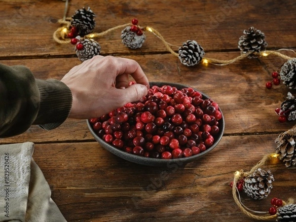 Fototapeta A hand carefully selects vibrant cranberries from a bowl, surrounded by pinecones and twinkling lights. This scene captures the spirit of winter festivities and seasonal preparations