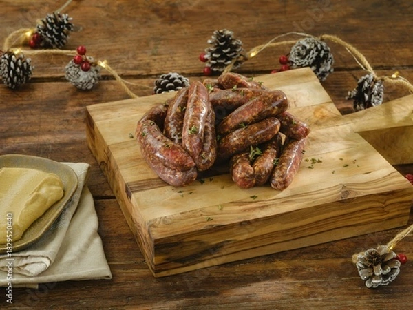 Obraz Savor the sight of freshly made sausages piled high on a textured wooden board, surrounded by holiday decorations. A touch of mustard adds flavor to this seasonal treat