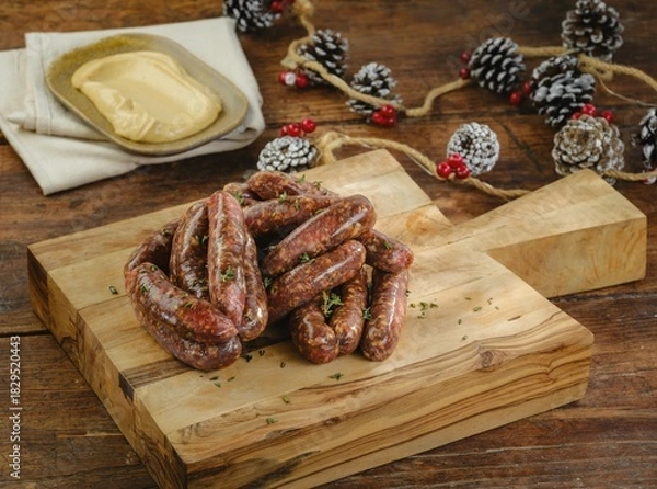 Obraz Deliciously grilled sausages sit attractively on a wooden cutting board. A dollop of mustard accompanies the dish, surrounded by pinecones and red berries, creating a cozy atmosphere
