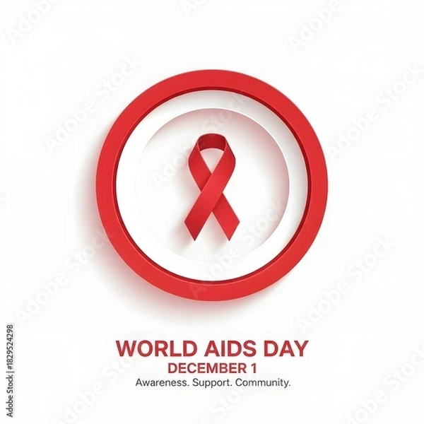 Fototapeta "World AIDS Day paper cut illustration, round double layer red and white shapes, ribbon in paper-cut style, trendy modern abstract design, clean shadows"