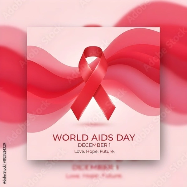 Fototapeta Abstract red and pink gradient waves flowing behind a floating red ribbon, modern aesthetic, soft glow, stylish Instagram-ready World AIDS Day poster"
