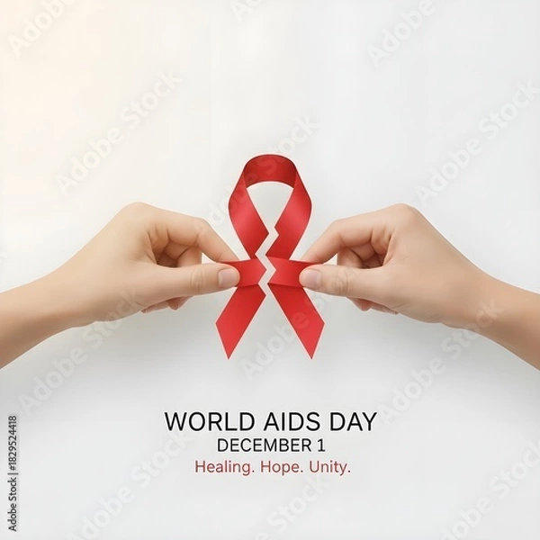 Fototapeta "Symbolic World AIDS Day design, broken red ribbon being gently fixed by two hands, emotional healing theme, soft lighting, clean minimal composition, awareness poster style"