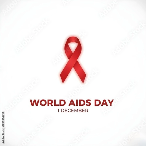 Fototapeta "World AIDS Day minimalist poster, large red ribbon in the center, soft glow, white clean background, premium typography, modern aesthetic, professional social media design"