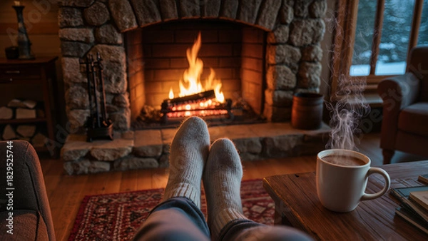 Fototapeta Cozy fireplace scene with warm drink and comfortable seating during winter evening Generative AI