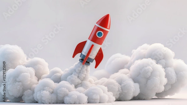 Fototapeta Rocket launches into the sky with vibrant flames and clouds of smoke during a clear day showcasing exploration and adventure Generative AI