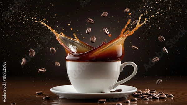 Fototapeta Coffee splash in a white cup with beans falling around it on a dark wooden background Generative AI