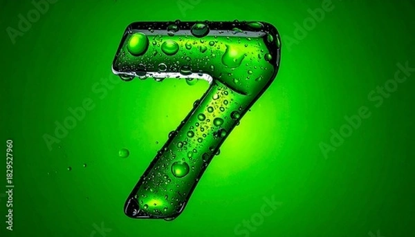 Fototapeta Glossy green number “7” with water droplets on gradient background