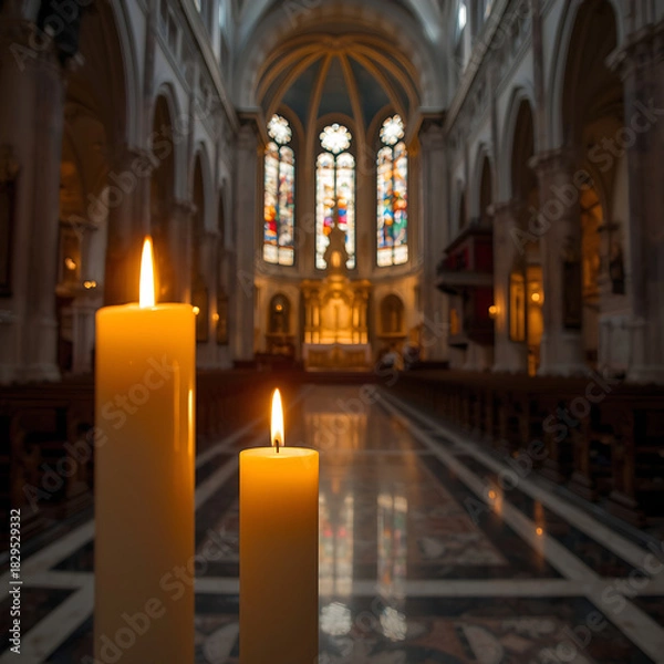 Fototapeta Two lit candles illuminate a serene church interior, creating a soft glow in the foreground.