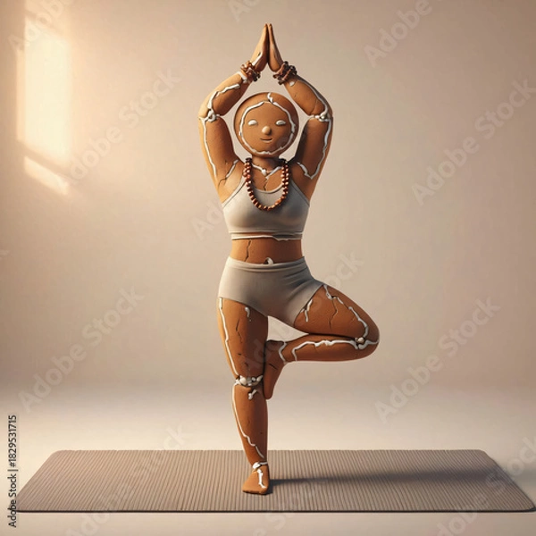 Obraz Peaceful female gingerbread yogi practicing meditation with gold kintsugi cracks in a sunny studio