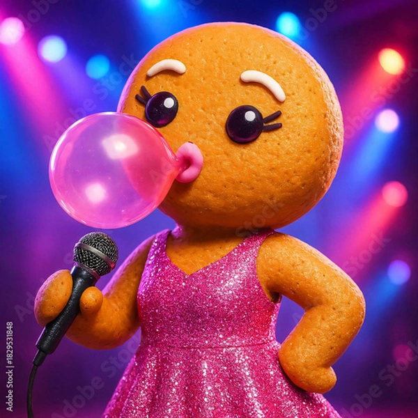 Obraz Cute female gingerbread pop star blowing bubble gum and holding a microphone against a colorful concert background