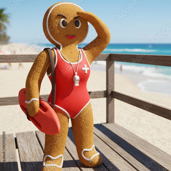 Obraz Alert female gingerbread lifeguard holding rescue buoy wearing red swimsuit and whistle on sunny beach pier background