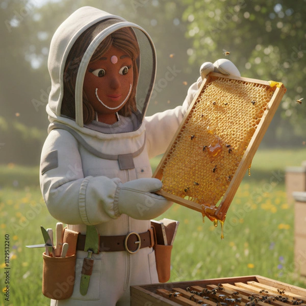 Obraz Cheerful female gingerbread beekeeper holding a honeycomb frame wearing a white protective suit in a sunny apiary
