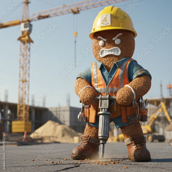 Obraz Tough female gingerbread construction worker operating a jackhammer wearing a safety vest and hard hat at a building site