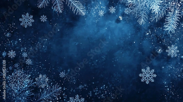Fototapeta Winter Wonderland: Snowflake-adorned evergreen sprigs form an elegant frame around a deep blue expanse, evoking a sense of tranquility.