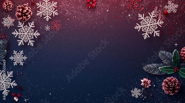 Fototapeta Winter Wonderland: A festive tableau of snowflakes and decorative elements sparkle on a textured surface, bathed in a gradient of winter colors, inviting warmth and cheer.