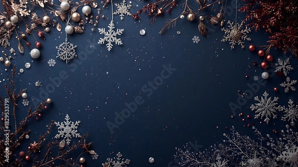 Fototapeta Winter Wonderland Elegance: A festive composition of delicate snowflakes, shimmering ornaments, and festive sprigs artfully adorns a deep blue canvas.