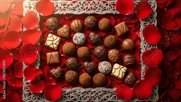 Fototapeta “Rich assorted truffles on deep red cloth with warm festive glow and premium chocolate presentation.”
