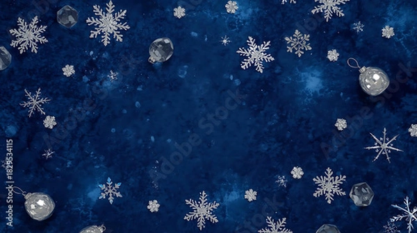 Fototapeta Winter Wonderland: A close-up view reveals a captivating scene of frosty snowflakes and decorative spheres scattered across a deep blue, icy surface.