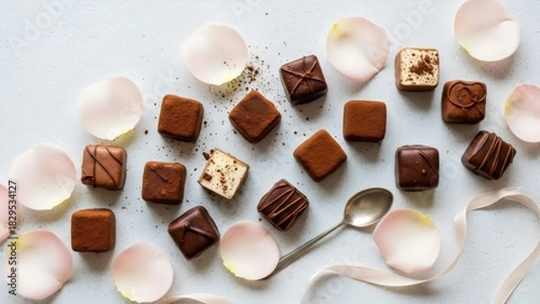 Fototapeta “Elegant assorted chocolates with rose petals and soft pastel lighting creating a premium romantic feel