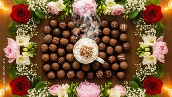 Fototapeta “Warm gourmet truffle display with steaming bowl centerpiece, elegant chocolate arrangement and soft light.”
