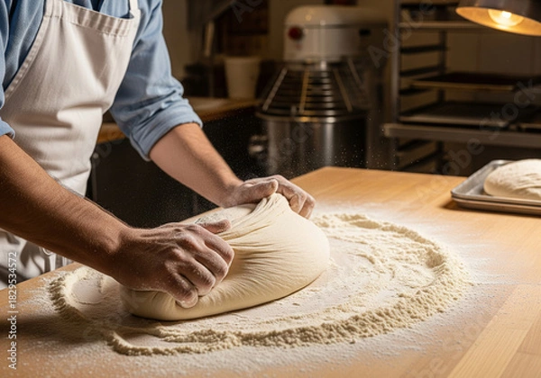 Fototapeta Baker Preparing Dough Shaping Bread with Flour on a Wooden Table in a Bakery Kitchen for Delicious Baked Goods
