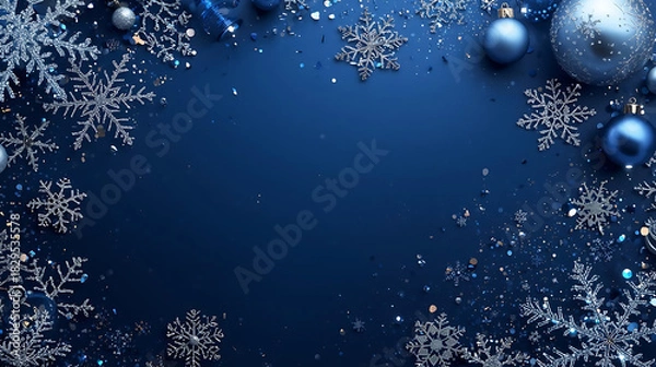 Fototapeta Winter Wonderland: Delicate snowflakes and gleaming ornaments frame a space for winter festivities. The deep indigo hue evokes the serene ambiance of the festive season. 