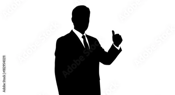 Fototapeta Silhouette of a man in a suit giving a thumbs up against a white background in a studio shot