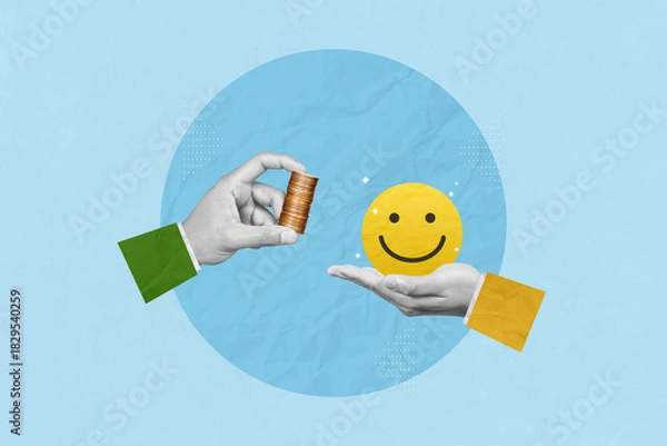 Fototapeta Creative collage art of a man's hand holding coins exchanging with a hand holding a happy smiling. Money buys happiness or credibility