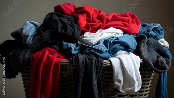 Fototapeta Overflowing laundry basket filled with colorful clothes against a gray backdrop