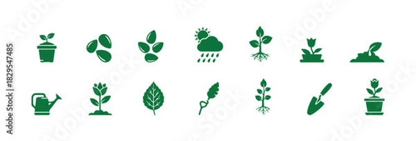 Fototapeta Flat icons of plants in a vector set. This set features icons like seedlings, seeds, conditions for growth, leaves, and growing plants, among others. Everything is pixel perfect.

