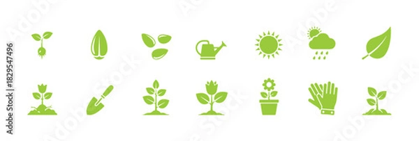 Fototapeta A collection of flat plant icons. It includes icons for seedlings, seeds, growth conditions, leaves, growing plants, and more. All pixel perfect.

