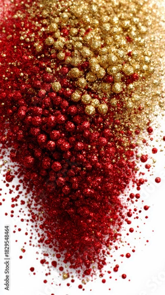 Fototapeta Close-up Vertical Pile of Red and Gold Glitter Powder and Tiny Sparkling Spheres on White