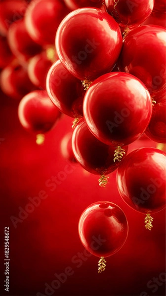 Fototapeta Dramatic Bunch of Shiny Red Balloons with Gold Ribbons Against a Red Gradient Background
