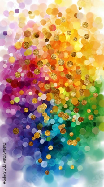 Fototapeta Vibrant Rainbow Bokeh Confetti Overlay with Gold Glitter Sparkles on a White Background