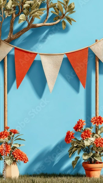 Fototapeta Outdoor Party Background with Orange Bunting, Flowers, and Blue Wall for Copy Space