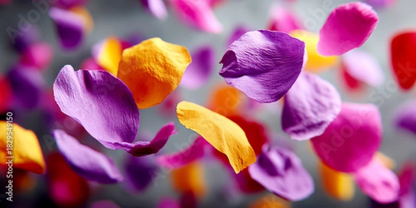 Fototapeta Close-up of Vibrant Purple, Pink, and Orange Petals Falling in Mid-Air with Shallow Depth of Field