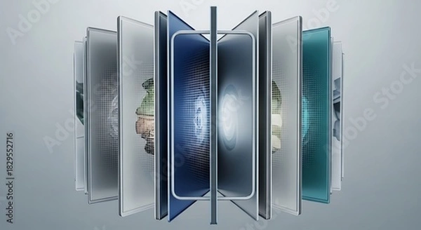 Fototapeta Symmetrical Carousel of Modern Smartphones Displaying Abstract Digital Interfaces.