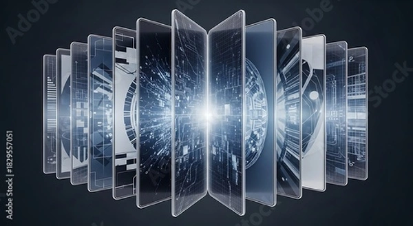 Fototapeta Luminous Data Cascade Layered Transparent Screens with Glowing Circuitry Schematics.