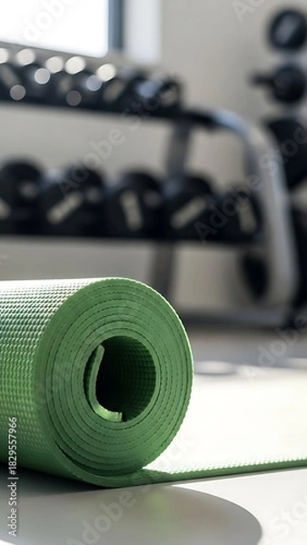 Fototapeta Rolled up green yoga mat with dumbbells in the background