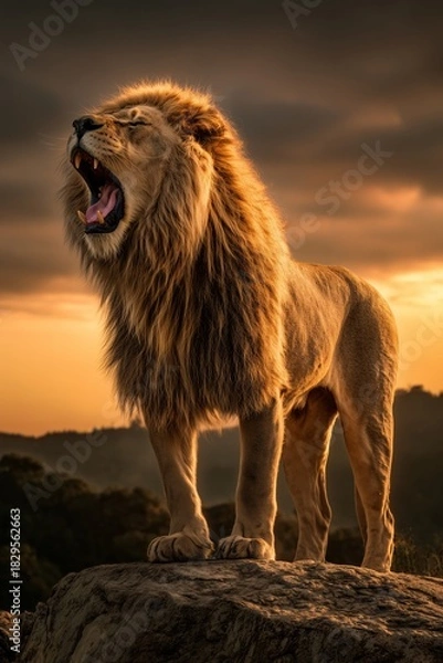 Obraz Lion Roaring on Rocky Outcropping
