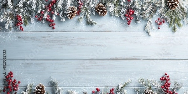 Obraz White Wall with Red Berries and Pinecones