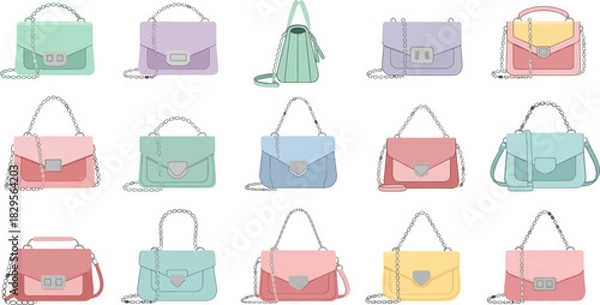 Fototapeta Collection of Colorful Fashion Handbags with Chain Straps on White Background